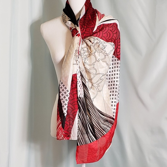Unknown Accessories - Black, White and Red Patterned silk scarf